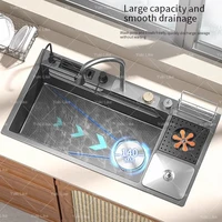 Stainless Steel Waterfall Kitchen Sink Embossed Extra Large Single Bowl With Chopping Board Rack Multifunctional Wash Basin 2