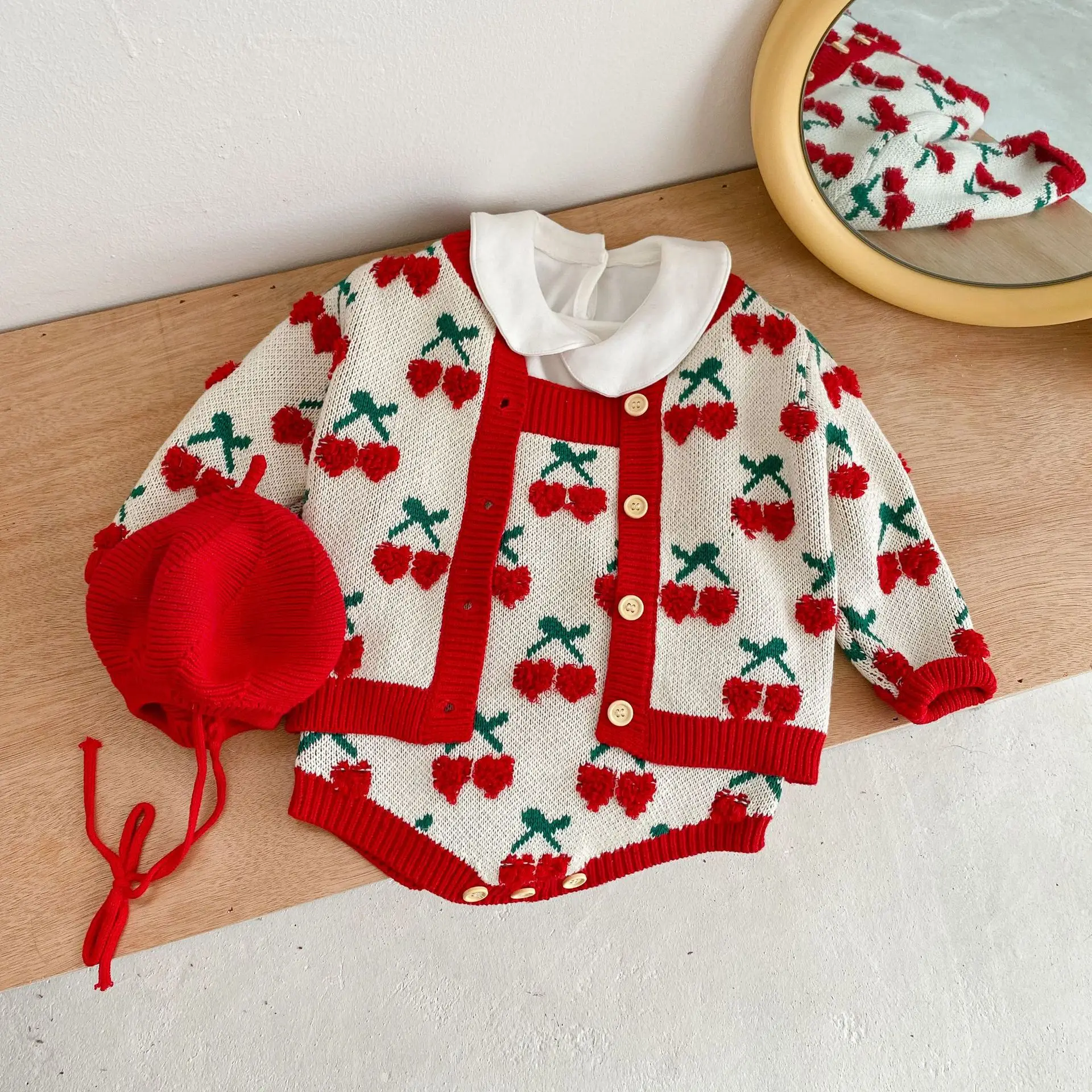 

Autumn Baby Girls Fashion Cherry Embroidery Cardigan Spring Kids All-match Sling Cotton Bodysuit One Piece Kid Girls Outfits