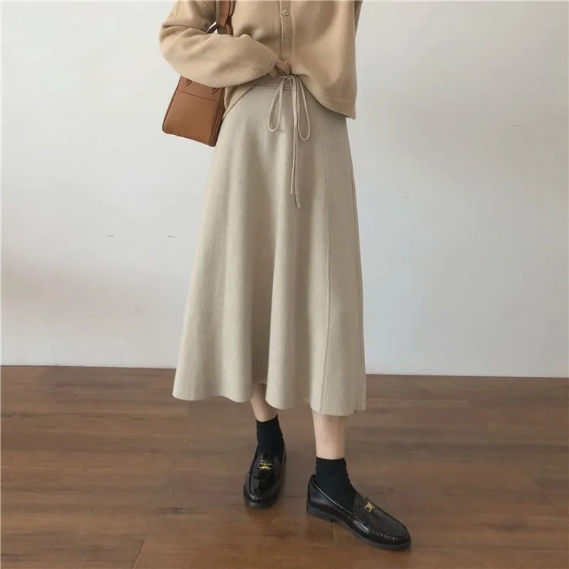 

HOUZHOU Knitted Long Skirt Women Winter 2023 Elegant Casual Solid Elastic Waist Lace-up A-line Skirt Korean Style Office Lady