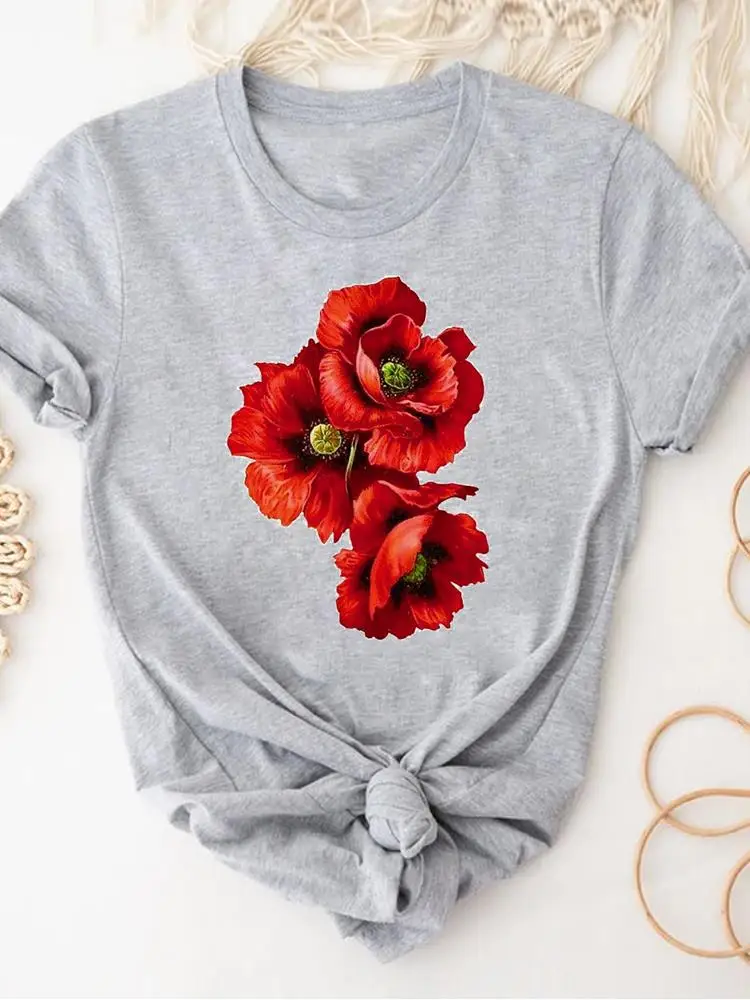 Women Clothing Print Gray T Shirt Short Sleeve Summer Top Plant Flower Trend Fashion Clothes Basic Tee Graphic T-shirt