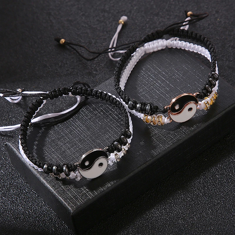 2Pcs Tai Chi Yin Yang Couple Bracelets Necklaces Set Pendant Adjustable Braid Chain Bracelet Matching Lover Bracelets Choker bangle bracelet chain bracelet woven bracelets