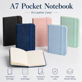 Taccuino tascabile A7, 100 fogli/200 pagine, copertina in pelle PU, carta a righe da 8 mm, chiusura elastica, diario portatile