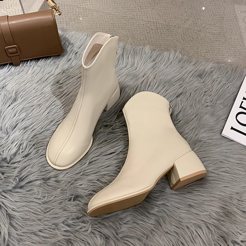 Luxury Brand Women Beige 5cm Block High Heels Ankle Winter Female Square Toe Chelsea High Quality Ladies Short Boots New Shoes