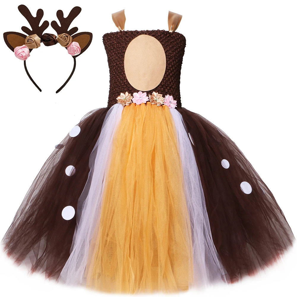 

Deer Costume for Girls Christmas Party Tutu Dress Ankle-Length Animal Elk Reindeer Cosplay Halloween Costume for Kids Clothes