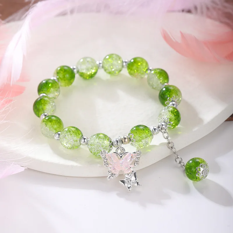 Butterfly Bohemian Sweet Beaded Bracelet for Women Girls Pink Color Imitation Jade Crystal Hand Jewelry Birthday Party Gifts