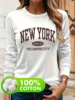 Women'S 100% Cotton Letter Print New York City Graphic Long Sleeve T-Shirt Soft Comfortable Casual Retro Style T Shirt