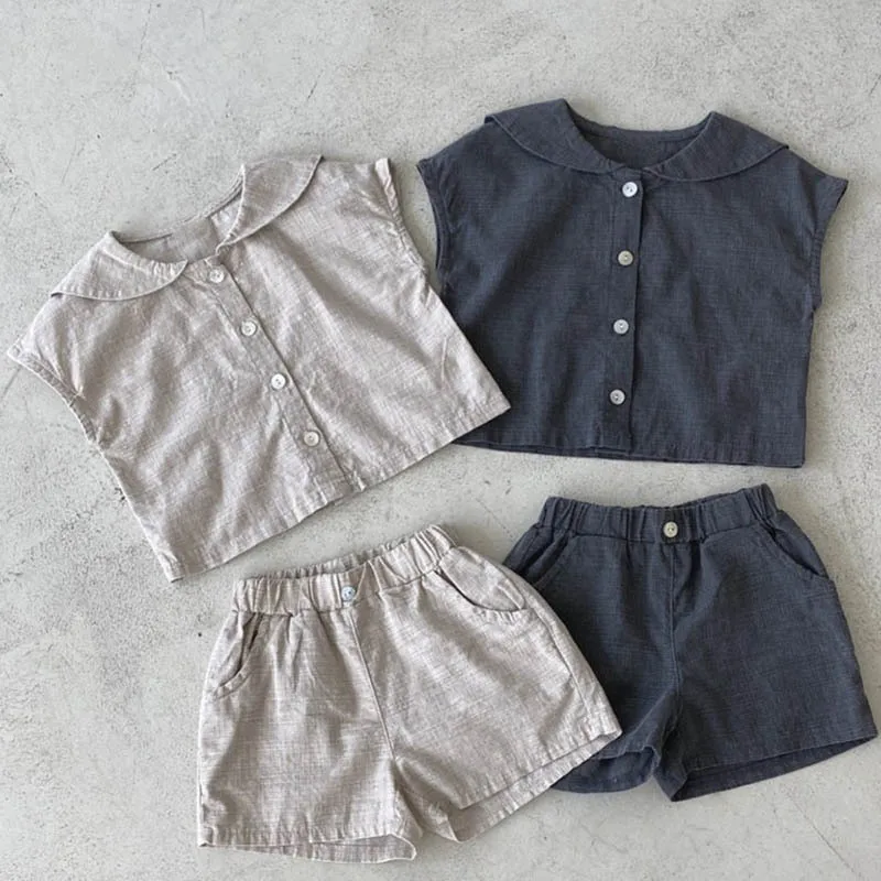 INS Korean Style Children's Sets, Trendy Collar Short-Sleeved Shorts Casual Two-Piece Set