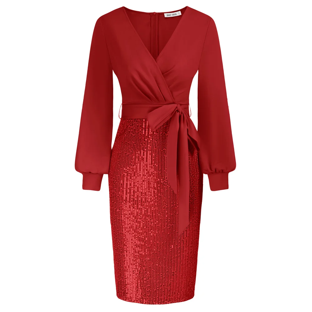 

GK Womens Dresses Sequin Patchwork Dress Long Sleeve V-Neck Defined Waist Bodycon Elegant Gown Pretty Knee-length Pencil Skirt