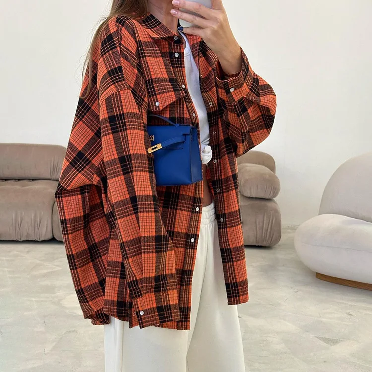 2023 Autumn Winter Women Vintage Oversized Plaid Shirt Flannel Casual Long Sleeve Loose Fit Blouse Female autumn forest waterfall landscape bath mat set natural lake rock tree plant bathroom rug doormat toilet lid cover flannel carpet