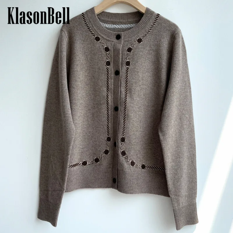 

10.17 KlasonBell 100% Cashmere Luxury Classic Embroidery Print Sweater Women's Casual O-Neck Long Sleeve Knit Cardigan Coat