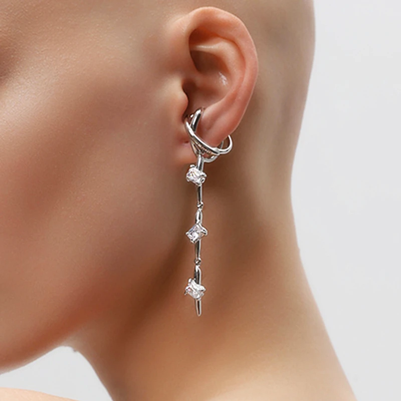 긴 술 지르콘 귀 커프스 실버 컬러 크로스 가짜 연골 귀 클립 여성용 귀걸이, Ms 웨딩 데일리 쥬얼리 선물, 1 개