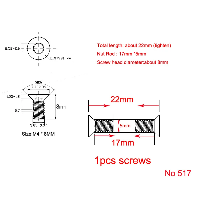 22.0mm* 5mm (Nut rod 17mm x 5mm) Stainless steel Knife Handle Flat head hex Chicago black Screws Suitable for 5mm hole