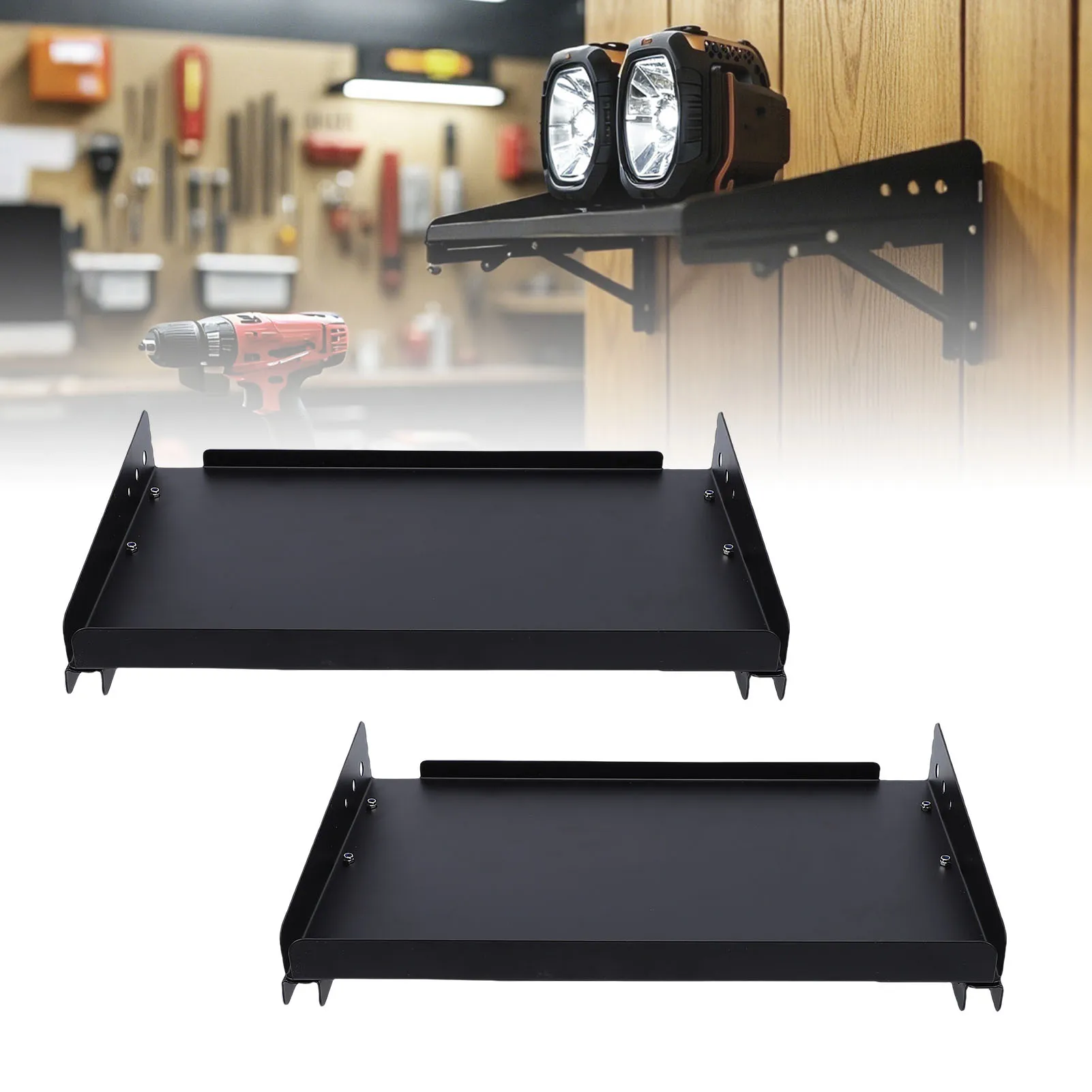2세트 차고 접이식 수납 랙 200LB 하중 용량 금속 벽걸이형 조절 가능 선반 (전동 공구 공구함용)