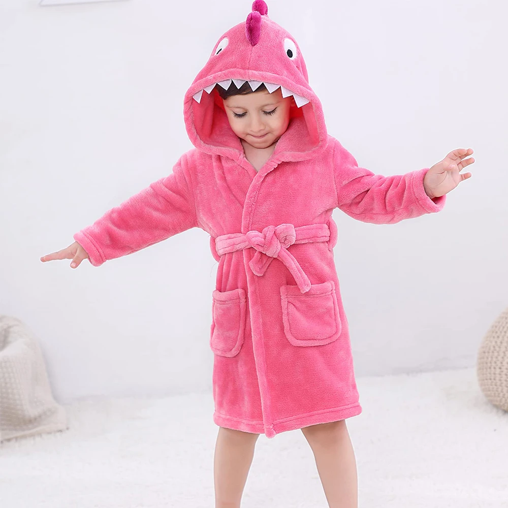 Kids Robes Boys Dinosaur Flannel Hooded Bathrobe Soft Animal Sleepwear
