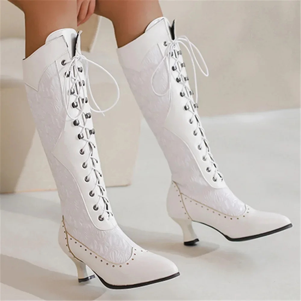 Women Victorian Pointed Toe Mid-Calf Boots Leather Lace Hollow