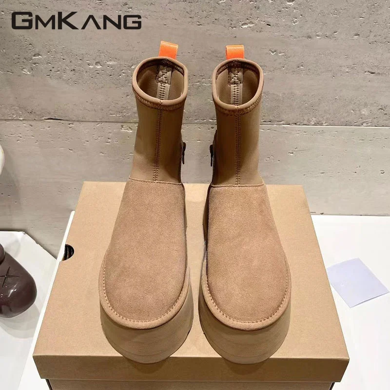 

Cow Suede Patchwork Short Boots Women Round Toe Inside Wool Warm Winter Shoes Women Leisure Cross-tied Flat Snow Boots Woman