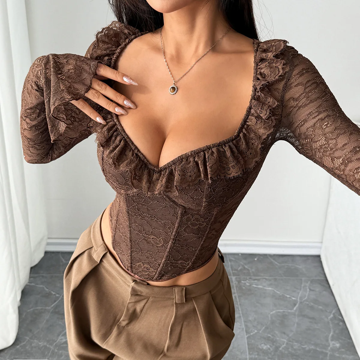 crop t-shirt Women deep v-neck lace corset tops back perspective Long sleeve blouse sexy red and brown Christmas female clothes