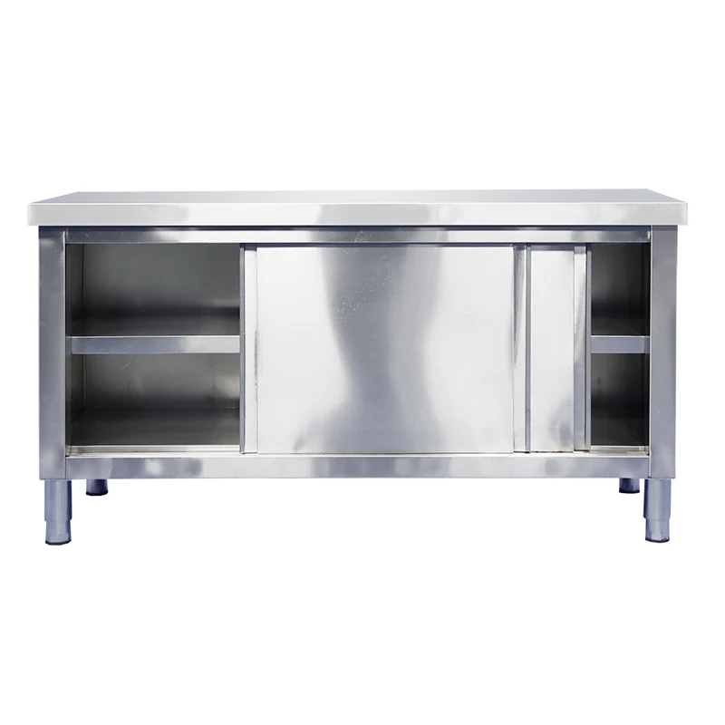 commercial workbench sliding door stainless steel kitchen cabinet storage cupboard with backsplash