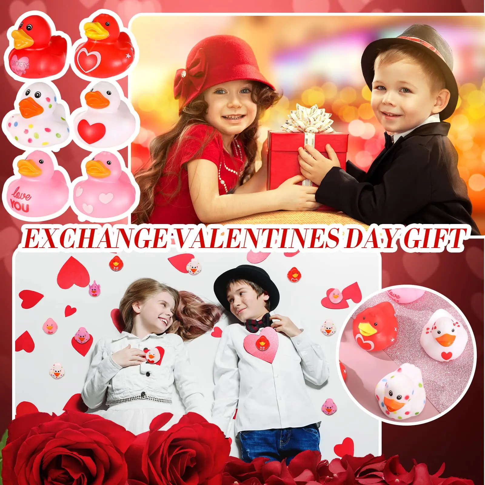 50Pcs 2.4Inch Valentine Rubber Duck in Bulk Valentine's Day  Heart Rubber Duck for Pool Bath Toy Classroom Prize Party,12 Style 6