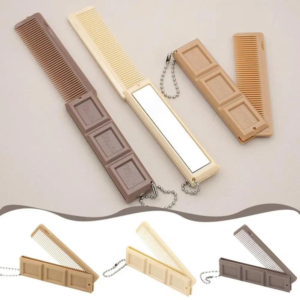 New 2-in-1 Folding Comb with Mirror Chocolate-Shaped Keychains Mini Portable Styling Tool Gift