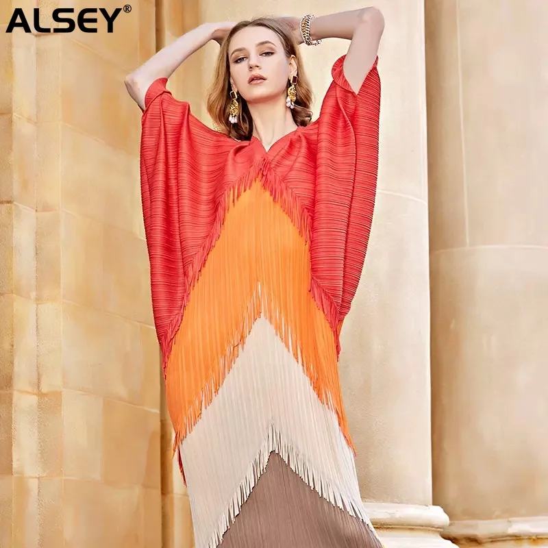 

ALSEY Miyake Woman Tassel Midi Dress Summer New Pleated Batwing Sleeve V Collar Elastic Wild Casual Style Fashion Dresses