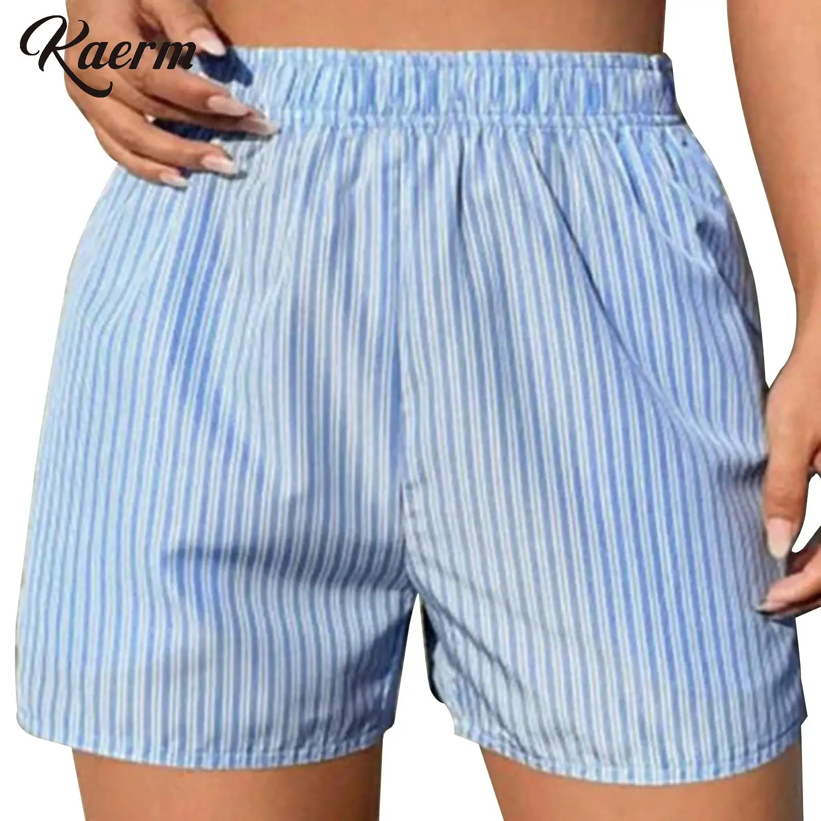 

Womens Breathable and Soft Sleepwear High Waist Stripe Shorts Casual Elastic Waistband Panties with Pockets Homewear Nightwear