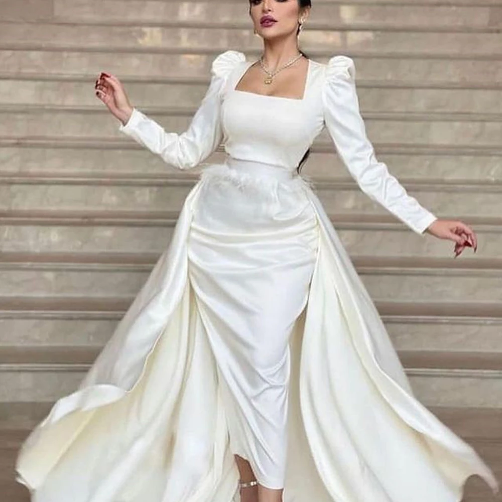 

Flechazo Square Collar Evening Dress with Long Sleeves Tea-Length Sheath Women Custom Made with Feathers Sweep Train Gowns