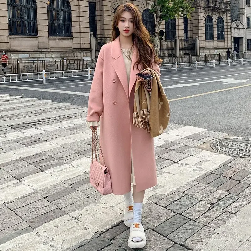 2023 New Women Double-Sided Cashmere Coat Autumn Winter Female Long Below The Knee Temperament Loose Large Size Woolen Outwear wool scarf women double sided winter women cashmere scarf pashmina shawls and wraps female foulard hijab wool stoles scarves