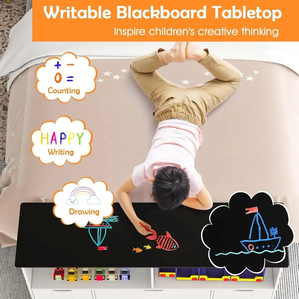 Kids Toy Organizers and Storage, Multifunctional Storage Cabinet Toy Chest with Blackboard, 4 Drawers and 2 Cubbies, Bookshelf 5