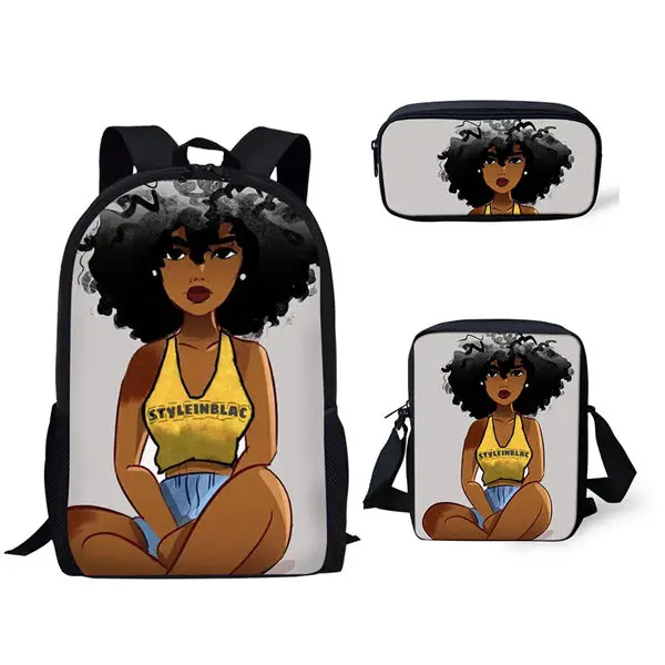 Popular Black African Girls 3D Print 3pcs/Set pupil School Bags Laptop Daypack Backpack Inclined shoulder bag Pencil Case
