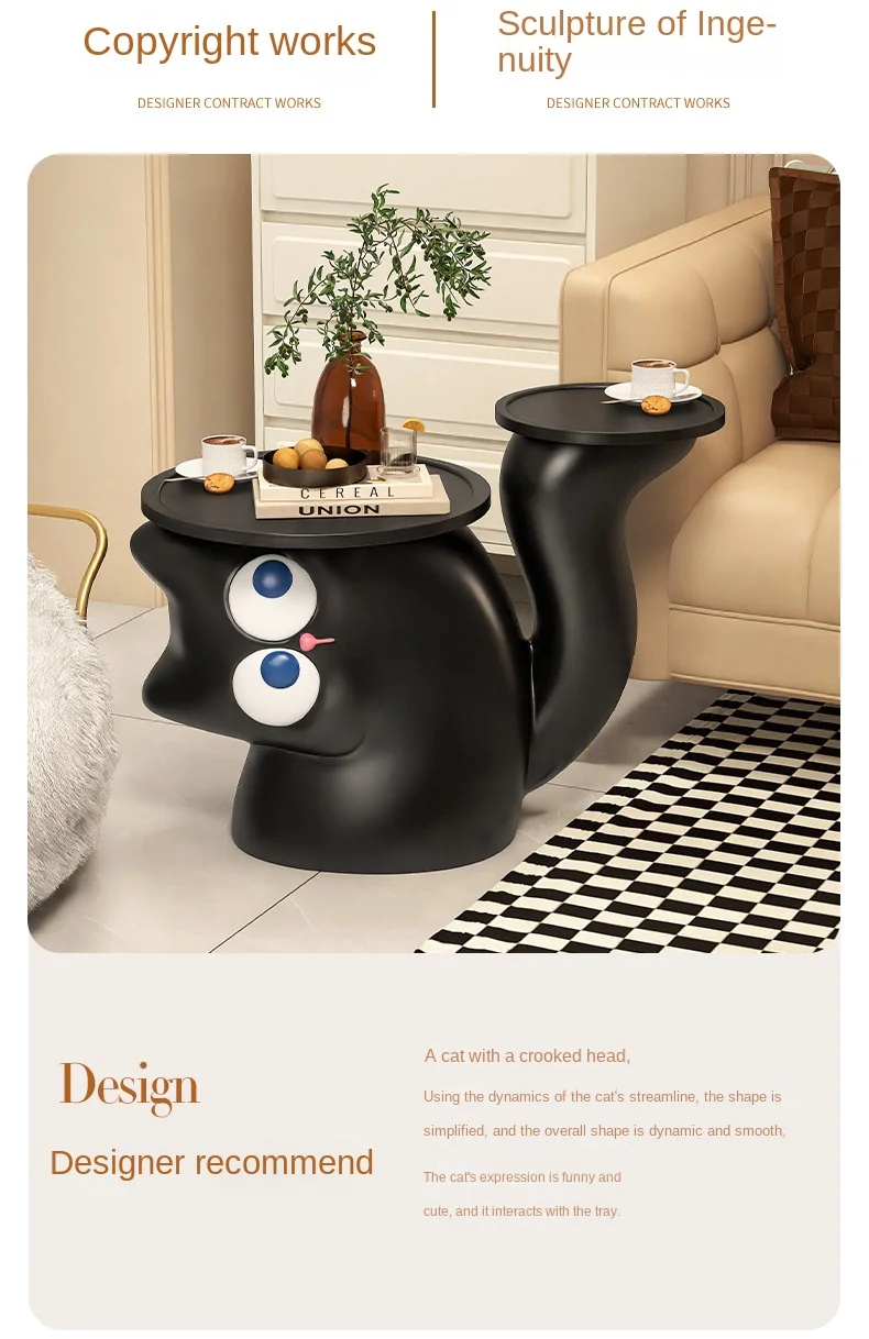 IHOME Crooked Cat Tray With Cute Living Room Cabinets Creative Decoration Black Simple Modern Small Coffee Table Side Table 2024