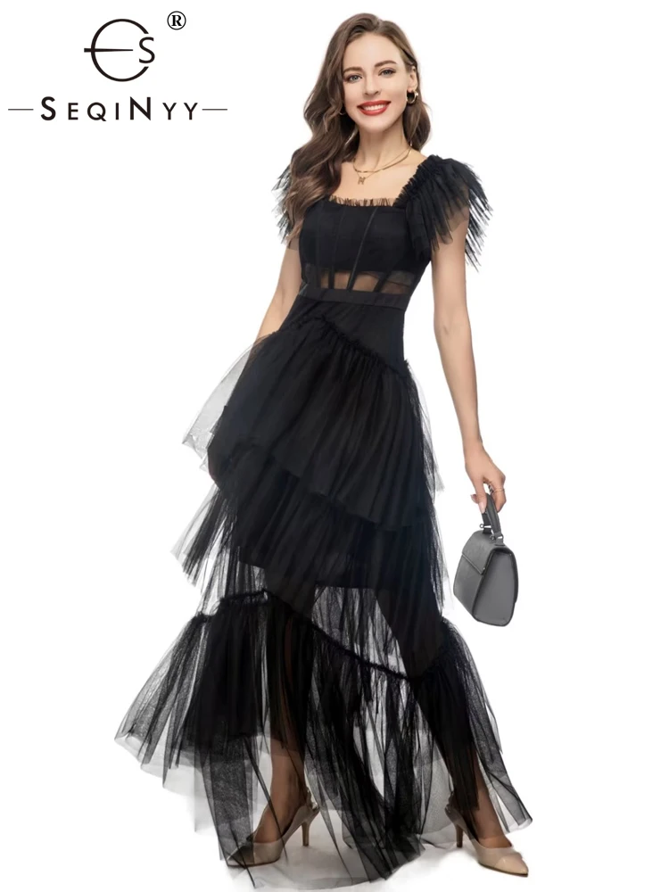 

SEQINYY Party Midi Dress Summer Spring New Fashion Design Women Runway High Street Ruffles Mesh Vest Sexy Elegant Slim