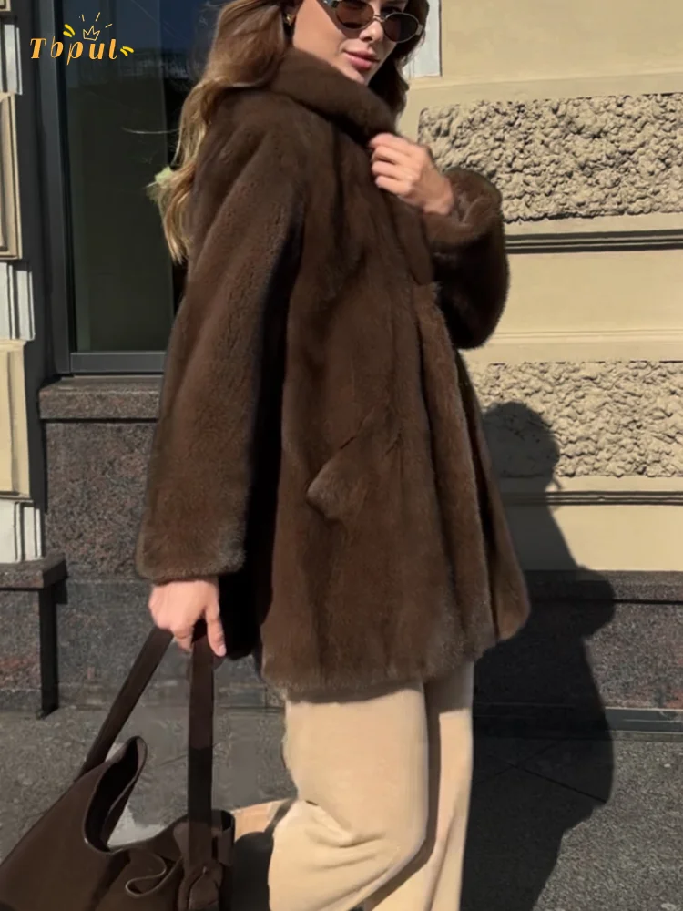 Veste de luxe en fausse fourrure pour femme, manteau élégant, col en v, manches longues, ample et chaud, pour les déplacements quotidiens, vêtements d'extérieur de rue, hiver