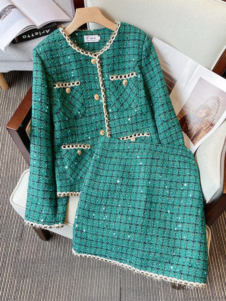 

Fall Winter French Vintage Fragrance Tweed Two Pieces Sets Office Ladies Elegant Sequined Cardigans And Mini Skirts Sets XXXL