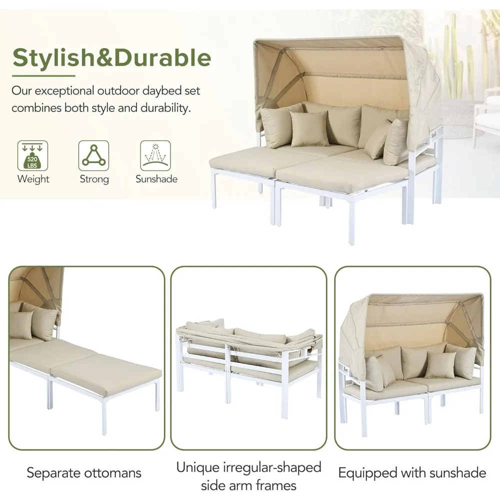 Sectional Sofa Set with Retractable Canopy Outdoor Metal, Sun Lounger3-Piece Patio Daybed with Cushions for Backyard, Porch 3
