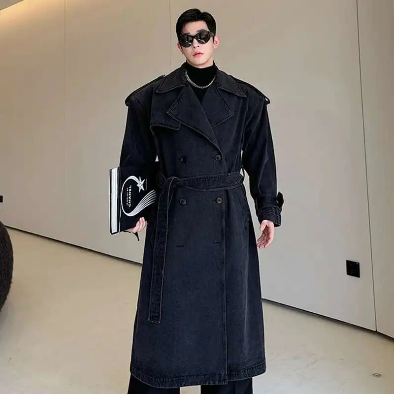 LUZHEN Denim Long Windbreaker Men's Baggy Vintage Casual Solid Color Handsome Trendy High End Trench Coat Autumn Winter LZ5933