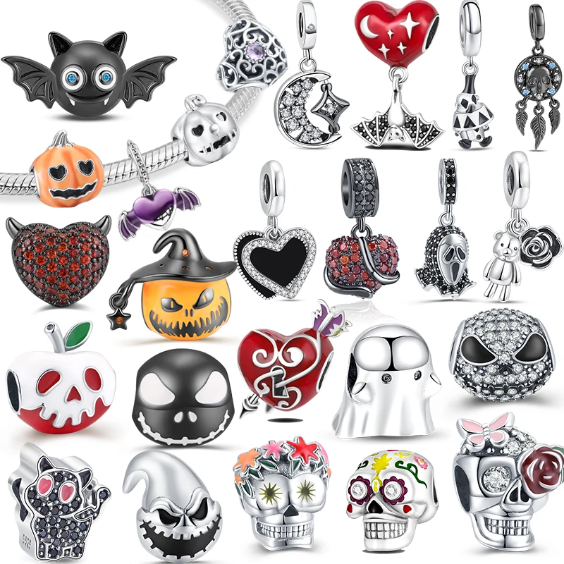 

Halloween Gothic Charms New 100% 925 Sterling Silver Pumpkin Bat Bead Fit Original Pandora Bracelet Jewelry Making DIY Fine Gift