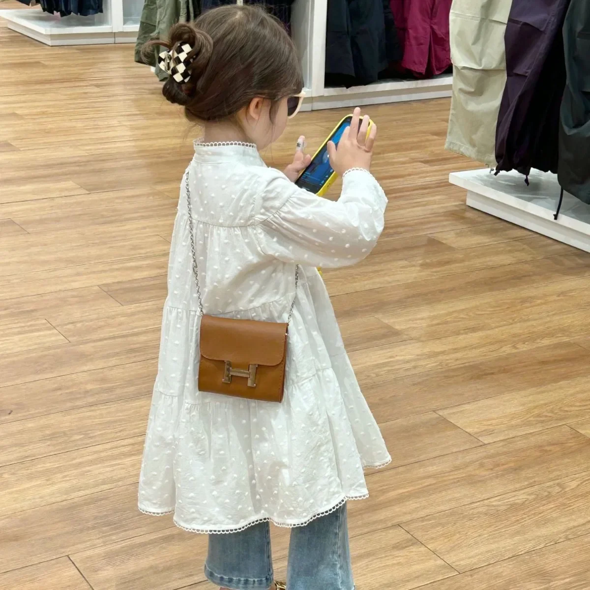 

Весна 2024, модное жаккардовое платье для девочек с длинным рукавом во французском стиле, милое Кукольное платье с воротником-стойкой, детская одежда