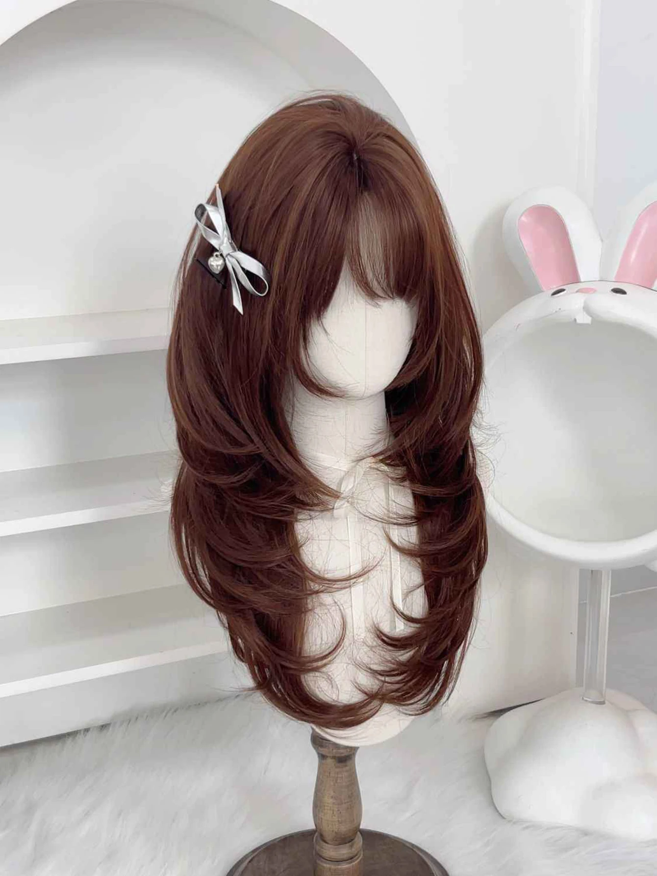 Brown Synthetic Wig for Women with Wavy Hair and French Bangs