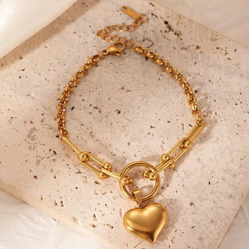 Vintage Stainless Steel Love Heart Pendant Necklace Bracelet for Women Luxury Non-Fading Party Jewelry Accessories