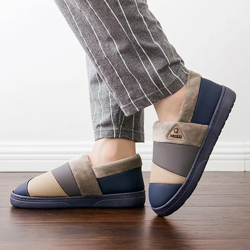 Men's Waterproof Thick Sole Cotton Slippers Winter Warm Indoor Non Slip Home Footwear Comfortable Thermal Slip Ons for Men