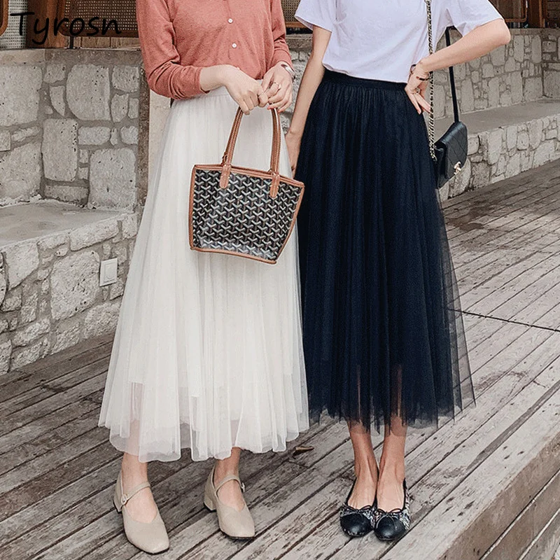 

Long Mesh Skirts Women Elegant Lady High Waist Sweet Solid Three-layer Tulle Ulzzang Calf-length Lining Draped Feminino Faldas