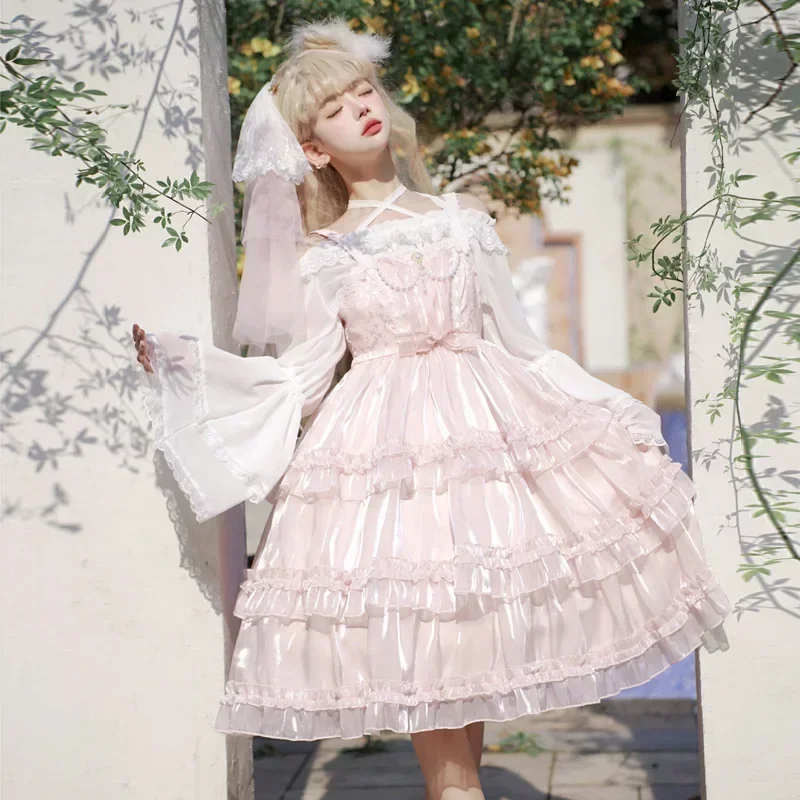Love Organza Sweet Lolita JSK Dress Tiered Cute Mini Party Dress Gothic Y2k Pink Princess Dresses lolita dress,lolita suspender dress,lolita cosplay costumes
