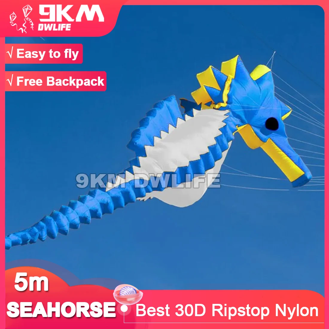 

9KM 5m Seahorse Kite Line Laundry Pendant Soft Inflatable Show Kite for Kite Festival 30D Ripstop Nylon Fabric with Bag
