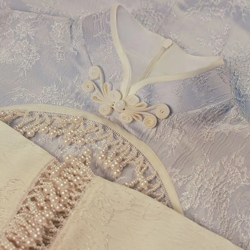 

Женское винтажное платье Ципао, элегантное голубое вечернее платье в китайском стиле с большими рукавами и бусинами, в улучшенном стиле, весна-лето