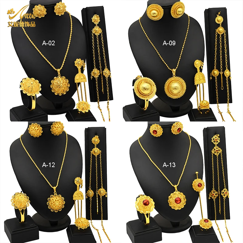 

ANIID Ethiopian Flower Shape Gold Plated 6pcs Jewelry Sets For Women Gifts Dubai Nigerian Luxury Necklace Jewellery Set Wedding