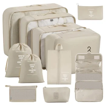 11-Piece Portable Travel Storage Bag Set - Easily Organize Your Clothes, Shoes, and Underwear - Perfect for Daily Travel, Business Trips, Home Storage, Suitable for Luggage and Suitcases, Travel Storage Bags with Slogan Patterns, Portable Shoe, Toiletry, and Laundry Bags, Essential Items for Dormitory Students during Back-To-School Season