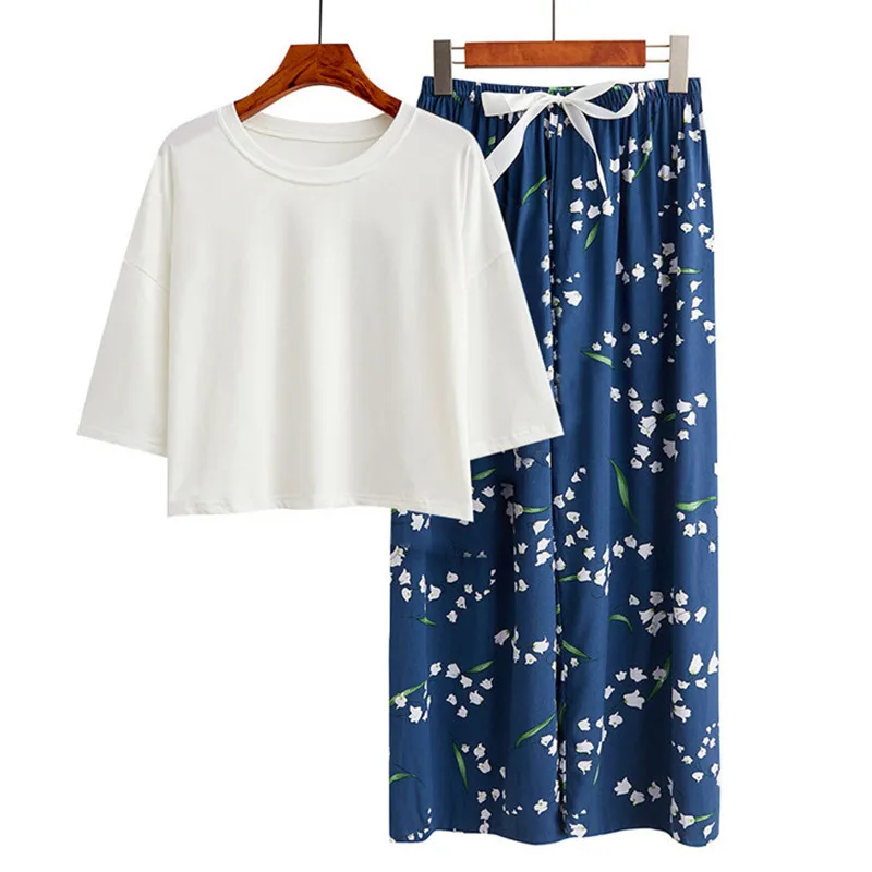 

Fdfklak New Simple Spring Summer Pajamas Short-Sleeved T Shirt Trousers Suit Cotton Pijamas Women Printed Sleepwear Pyjamas Set