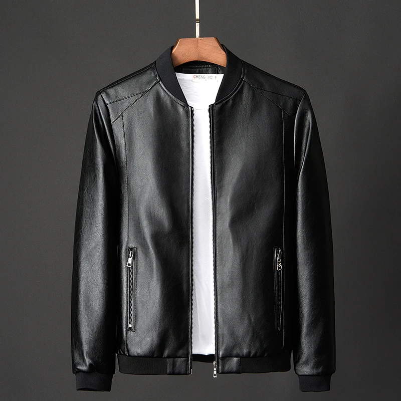 Men's PU Leather Jacket New Spring and Autumn Men's Business Casual Solid Color Classic Top Men's Standing Collar Slim Fit Coat