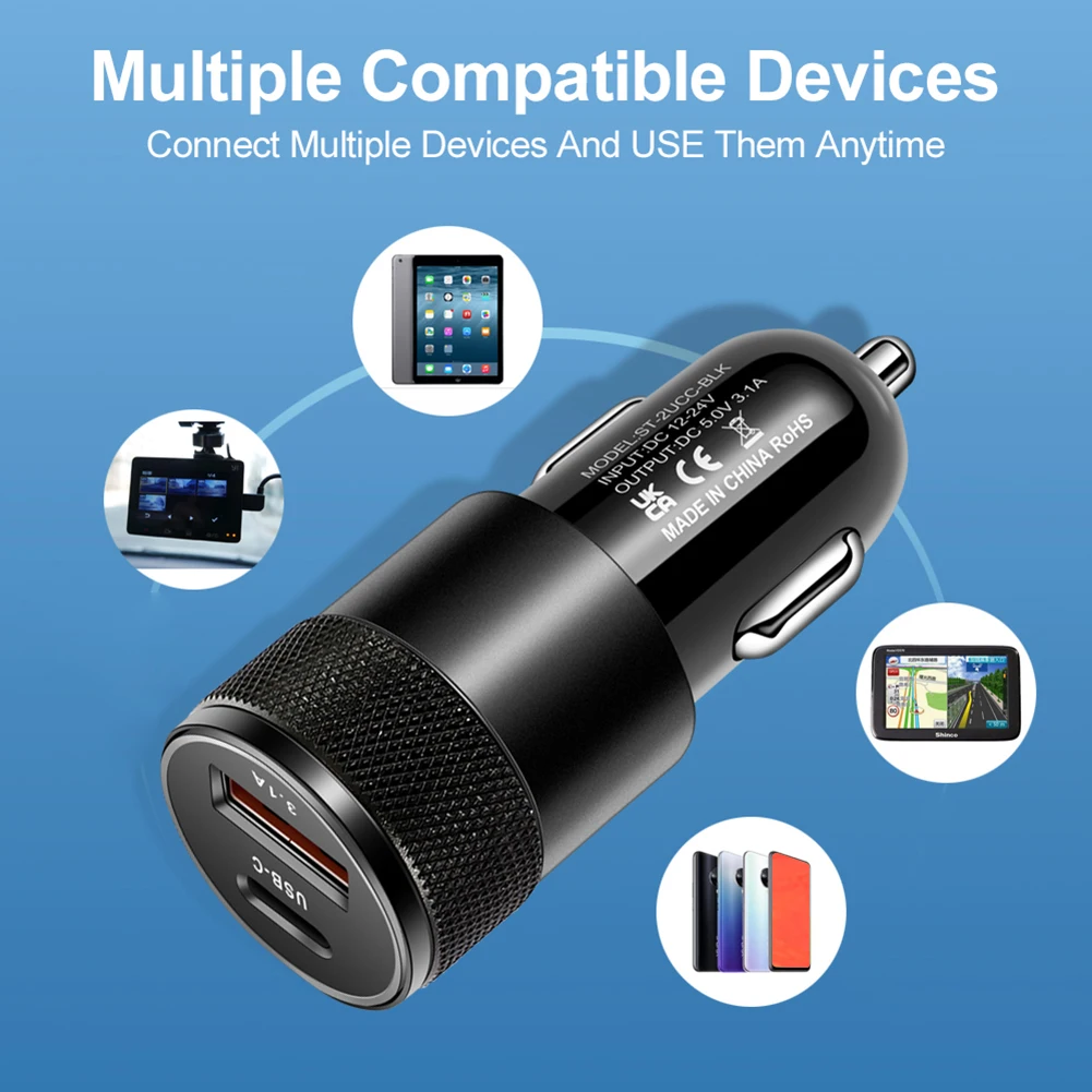 미니 USB C 자동차 충전기 유형 C 3.1A 15W PD 빠른 충전 담배 라이터 어댑터 전원 콘센트, 아이폰 아이패드 삼성